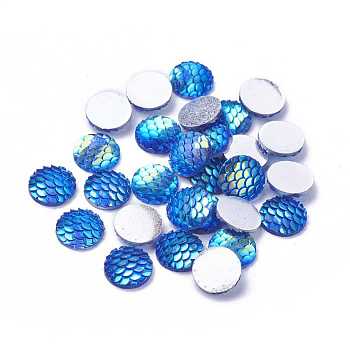 Resin Cabochons, Flat Round with Mermaid Fish Scale, Royal Blue, 12x3mm