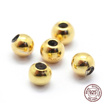925 Sterling Silver Stopper Beads, with Rubber inside, Round, Golden, 4mm, Hole: 0.8mm