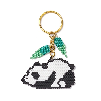 Glass Seed Beads Keychain, with Iron Split Key Rings, Panda, Golden, 8.3cm