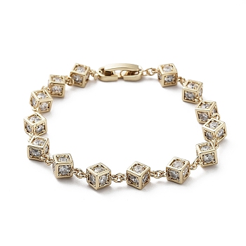 Cube Brass Link Chain Bracelet with Clear Cubic Zirconia, Long-Lasting Plated, Golden, 6-7/8 inch(17.5cm)