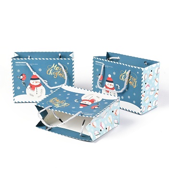 Christmas Themed Paper Bags, Rectangle with Snowman Pattern, for Jewelry Storage, Light Blue, 24.5x19.5x0.45cm