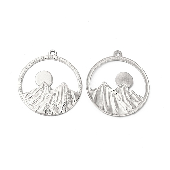 304 Stainless Steel Pendants, Ring with Mountain & Sun Charms, Stainless Steel Color, 27.5x25x1.5mm, Hole: 1.6mm