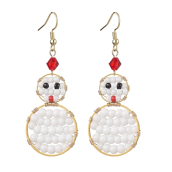 Glass Seed Bead Dangle Earring, with Imitation Austrian Crystal Beads and Brass Earring Hooks, Snowman, For Christmas, White, 68x25mm