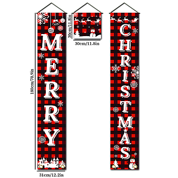 Christmas Polyester Hanging Sign for Home Office Front Door Porch Decorations, Rectangle & Square, Word Merry Christmas, Dark Red, 180x30cm and 30x30cm, 3pcs/set