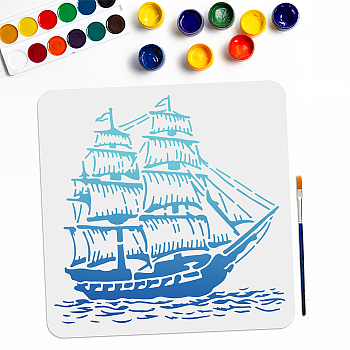 US 1Pc PET Hollow Out Drawing Painting Stencils, with 1Pc Art Paint Brushes, Sailboat, Stencils: 300x300mm