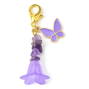 Alloy Enamel Butterfly & Acrylic Flower Pendant Decoration, Natural Amethyst Chips and Lobster Claw Clasps Charm, Medium Purple, 52~53mm