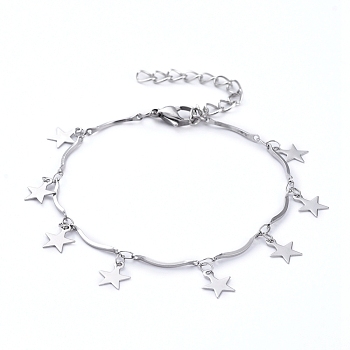 Star 304 Stainless Steel Charm Bracelets, with Scalloped Bar Link Chains and Lobster Claw Clasps, Stainless Steel Color, 7-1/8 inch(18cm)