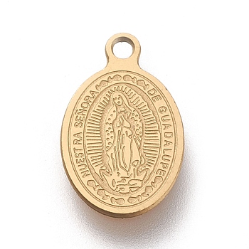 Ion Plating(IP) 304 Stainless Steel Charms, Laser Cut, Oval, Miraculous Medal, Golden, 14.5x9x0.5mm, Hole: 1.2mm