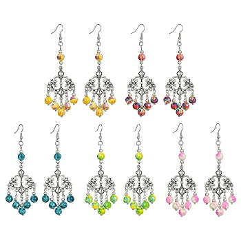 Alloy Flower Chandelier Earrings, Synthetic Turquoise Round Beaded Long Drop Earrings for Women, Mixed Color, 94.5x29mm