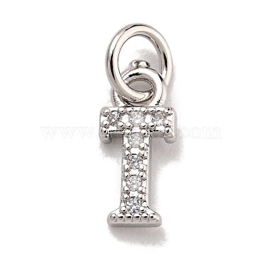 Platinum Clear Letter T Brass+Cubic Zirconia Charms