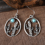 Alloy & Synthetic Turquoise Dangle Earrings, Oval with Cactus, Antique Silver, 42x23mm(FS-WG3DEAB-02)
