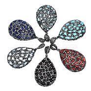 Polymer Clay Rhinestone Pendants, with Gemstone Chip/Natural Shell Chip and PU Leather, Teardrop, Gunmetal, 53~56x37~39x6~8mm, PP12(1.8~1.9mm), Hole: 9x5mm(RB-S056-11C-B)