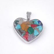 Natural & Synthetic Mixed Stone Pendants, with Glass and 304 Stainless Steel Findings, Heart, Stainless Steel Color, 19x21x6mm, Hole: 3x5.5mm(STAS-T043-01O)