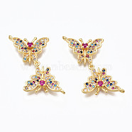 Brass Micro Pave Cubic Zirconia Links Connectors, Nickel Free, Real 16K Gold Plated, Butterfly, Colorful, 32mm(ZIRC-N039-122-NF)