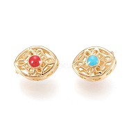Brass Beads, with Enamel, Hollow, Horse Eye with Flower, Red & Turquoise, Real 18K Gold Plated, 9.7x7.4x5mm, Hole: 1.5mm(KK-I679-01G)