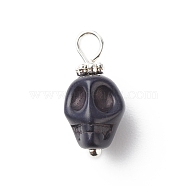 Synthetic Turquoise Pendants, with Silver Tone Brass Findings, Halloween Skull Charm, Dyed, Black, 17x8x9mm, Hole: 2.6mm(PALLOY-JF01841-04)