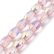 Transparent Electroplate Glass Beads Strands, AB Color, Faceted, Oval, Pink, 11x8mm, Hole: 1.4mm, about 60pcs/strand, 27.17''(69cm)(EGLA-I017-01-AB02)