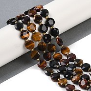 Natural Tiger Eye Beads Strands, Faceted Pentagonal Cut, Flat Round, with Seed Beads, 10~10.5x5~6mm, Hole: 1mm, about 32~33pcs/strand, 15.75''(40cm)(G-C116-A31-01)