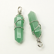 Natural Green Aventurine Double Terminated Pointed Pendants, with Brass Pendant Settings, Faceted, Bullet, Platinum Metal Color, 35~45x10~13mm, Hole: 3mm(G-J062-01P)