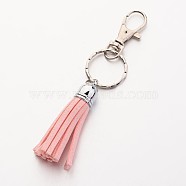 Alloy Swivel Lobster Claw Keychain, with Tassel Suede Cord and Iron Ring, Pink, 120mm(X-KEYC-JKC00089-03)