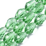 Glass Beads Strands, Faceted, teardrop, Lime Green, 15x10mm, Hole: 1mm, about 50pcs/strand, 26.6 inch(EGLA-E010-10x15mm-14)
