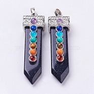 Synthetic Blue Goldstone with Synthetic & Natural Mixed Stone Chakra Big Pendants, Sword, Platinum, 57~60x16.5x12mm, Hole: 5mm(G-E415-A11)