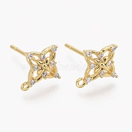 Brass Micro Pave Clear Cubic Zirconia Stud Earring Findings, with Silicone Ear Nuts, with Loop, Long-Lasting Plated, Flower, Real 18K Gold Plated, 11x9.5mm, Hole: 0.9mm, Pin: 0.8mm(ZIRC-L098-041G)