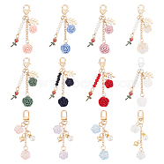 12Pcs 12 Style Valentine's Day Resin & Zinc Alloy Rose Charm Pendant Decorations for Women, with Lobster Clasp, Mixed Color, 98~102mm, 1pc/style(HJEW-CP0001-05)