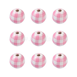 Natural Wooden Beads, Plaid Beads, Tartan Pattern, Round, Pink, 5/8 inch(16mm), Hole: 4mm(WOOD-TAC0010-05D)