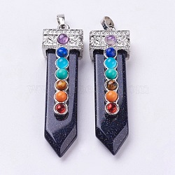 Synthetic Blue Goldstone with Synthetic & Natural Mixed Stone Chakra Big Pendants, Sword, Platinum, 57~60x16.5x12mm, Hole: 5mm(G-E415-A11)
