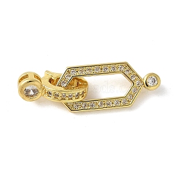 Brass Pave Clear Cubic Zirconia Fold Over Clasps, Lead Free & Cadmium Free, Long-Lasting Plated, Rack Plating, Hexagon, Real 18K Gold Plated, 27mm(KK-M320-26G)