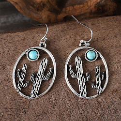 Alloy & Synthetic Turquoise Dangle Earrings, Oval with Cactus, Antique Silver, 42x23mm(FS-WG3DEAB-02)
