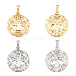 Unicraftale Vacuum Plating 304 Stainless Steel Pendants, Flat Round with Tree of Life, Golden & Stainless Steel Color, 29x25.5x2mm, Hole: 3.5x8mm, 2 colors, 2pcs/color, 4pcs/box(STAS-UN0019-13)