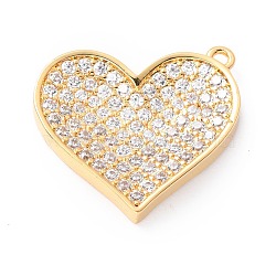 Brass Micro Pave Clear Cubic Zirconia Pendants, Long-Lasting Plated, Heart, Golden, 19x21x3mm, Hole: 1mm(ZIRC-L097-043G)