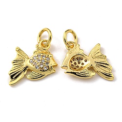 Rack Plating Brass Micro Pave Cubic Zirconia Charms, with Jump Ring, Fish, Real 18K Gold Plated, 14x12x2mm, Hole: 3.2mm(KK-D036-01G)