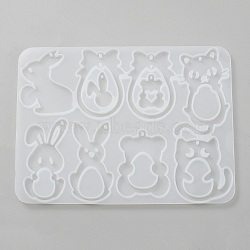 Easter Theme DIY Silicone Pendant Molds, Resin Casting Molds, for UV Resin, Epoxy Resin Jewelry Making, Cat & Bear & Rabbit, 110x147x5mm, Hole: 1.5~2mm, Inner Diameter: 24~62x17~37mm(SIMO-TAC0005-01A)