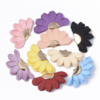 Faux Suede Pendants Decorations, with Rose Gold Tone Iron Ribbon Ends, Fan Flower, Mixed Color, 20.5~22.5x36.5~39.5x3.5mm, Hole: 1.2mm