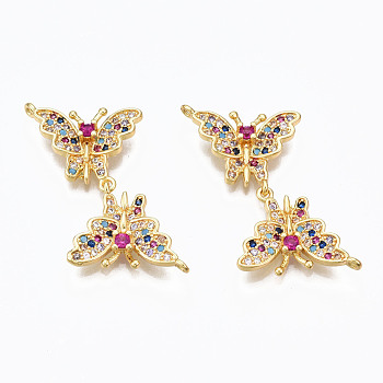 Brass Micro Pave Cubic Zirconia Links Connectors, Nickel Free, Real 16K Gold Plated, Butterfly, Colorful, 32mm