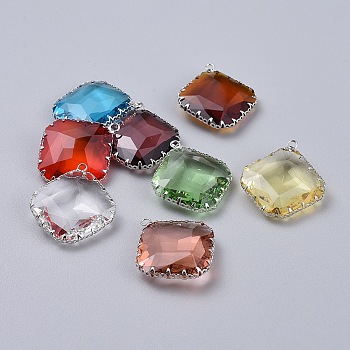 K9 Glass Pendants, with Brass Findings, Faceted, Rhombus, Platinum, Mixed Color, 32x28x7~8mm, Hole: 2mm