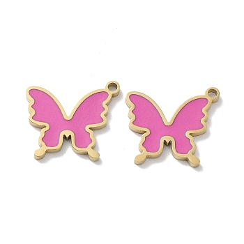 Ion Plating(IP) 304 Stainless Steel Pendants, with Enamel, Butterfly Charm, Golden, Hot Pink, 13.5x15x1.5mm, Hole: 1.4mm