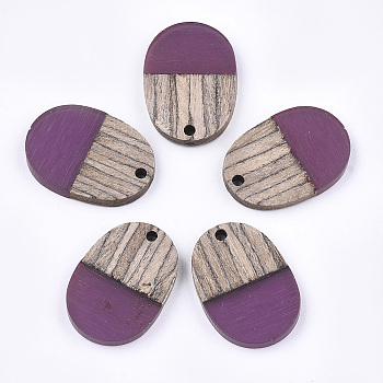 Resin & Wenge Wood Pendants, Oval, Medium Violet Red, 25x18x3~4mm, Hole: 2mm