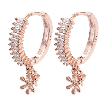 925 Sterling Silver Cubic Zirconia Hoop Earring Findings, with Flower Charms and Pinch Bails, for Half Drilled Beads, with S925 Stamp, Rose Gold, 22 Gauge, 13.5x13mm, Pin: 0.6mm