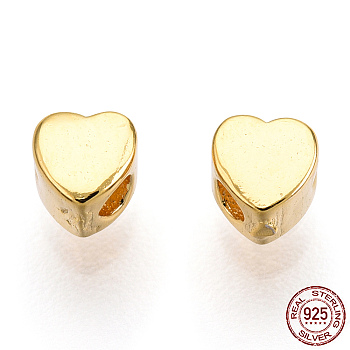 925 Sterling Silver Beads, Heart, Nickel Free, with S925 Stamp, Real 18K Gold Plated, 3.3x3.1x2.5mm, Hole: 1.2mm