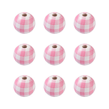 Natural Wooden Beads, Plaid Beads, Tartan Pattern, Round, Pink, 5/8 inch(16mm), Hole: 4mm