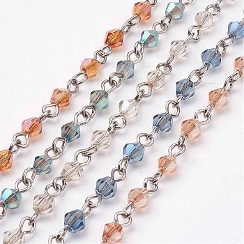 Handmade Electroplate Glass Beads Chains, Unwelded, with Iron Eye Pin, Mixed Color, 39.37 inch(1m)