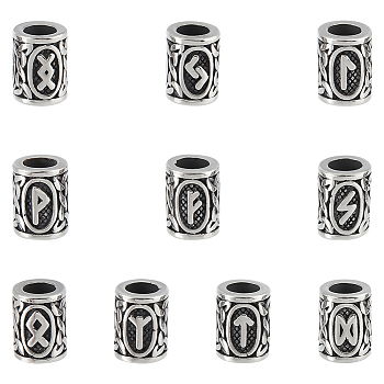 10Pcs 10 Styles 304 Stainless Steel European Beads, Large Hole Beads, Column with Runes/Futhark/Futhor, Antique Silver, 13.5x10mm, Hole: 6mm, 1pc/style