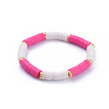 Handmade Polymer Clay Heishi Beads Stretch Bracelets, with Alloy Spacer Beads, Camellia, 2-1/8 inch(5.4cm)