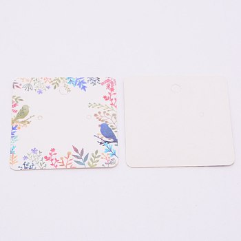 White Cardboard Earring Display Cards, Square with Leaf and Bird Pattern, Colorful, 2x2 inch(5x5cm)