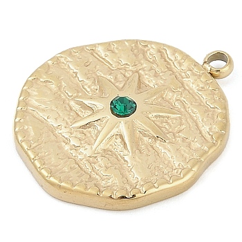 304 Stainless Steel Rhinestone Pendants, Real 14K Gold Plated, Flat Round with Star Charm, Emerald, 18.5x16.5x3mm, Hole: 1.4mm