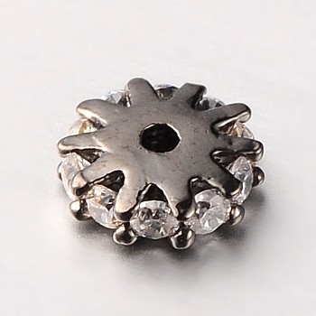 Brass Micro Pave Cubic Zirconia Spacer Beads, Flat Round, Cadmium Free & Lead Free, Clear, Gunmetal, 6x2mm, Hole: 1mm